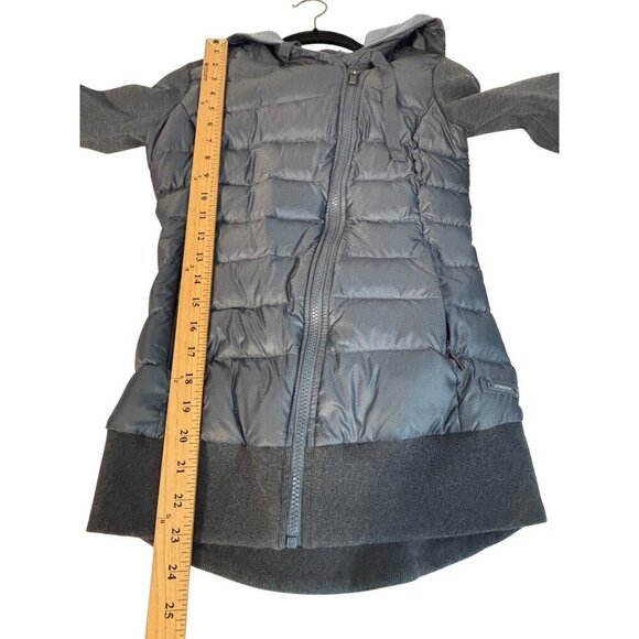 Athleta Womens XXS Gray Hooded Puffer Jacket Knit Sleeves & Asymmetrical Zipper - Picture 7 of 11
